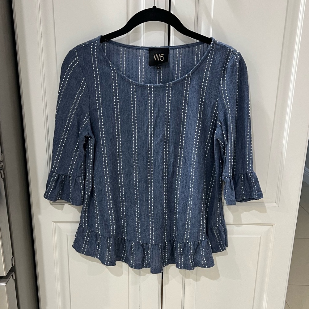 🔴 W5 Concepts Anthropologie Womens Top Blue Stripe 3/4 Ruffled Sleeve size Small
